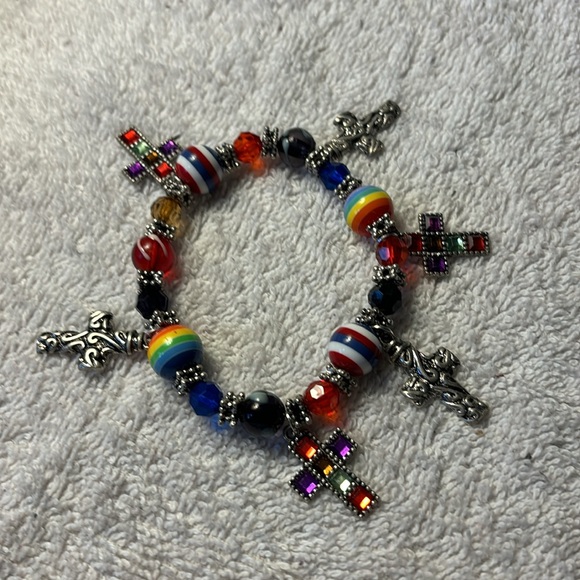 Bundle of 2 beaded bracelets, multicolor cross pendants. Each is 8” stretchy - Picture 3 of 5